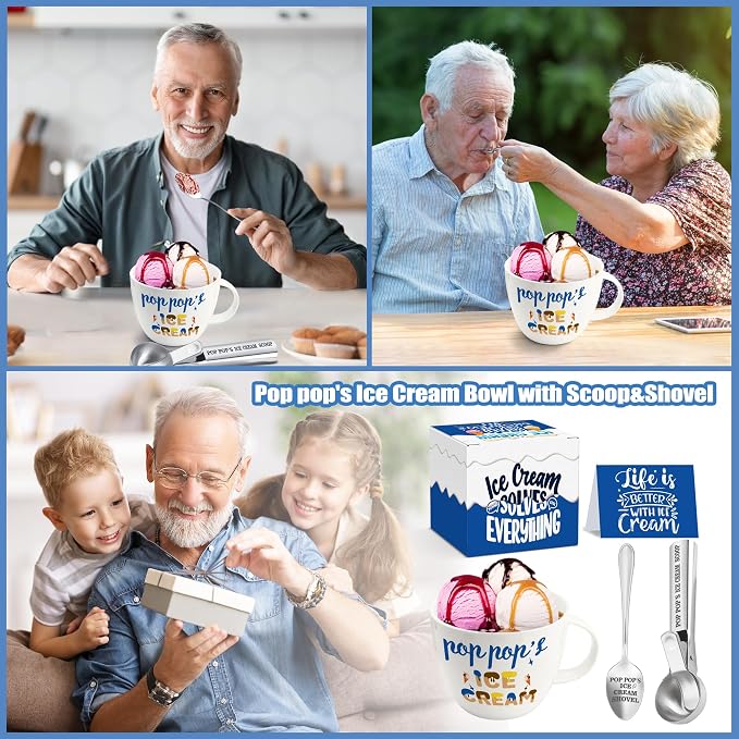 Pop Pop Gifts, Gifts for Pop from Grandkids on Fathers Day, Poppop's Ice Cream Bowl Scoop Shovel Spoon Set, Poppop’s Ice Cream Gift, Christmas Birthday Father's Day Pop Gift for Him Man