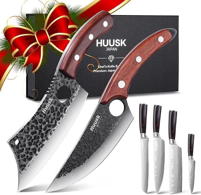 Huusk Japanese Kitchen Knife Set 6pcs with Gift Box, Butcher Knife Set for Meat Cutting, Cooking Knives with Meat Cleaver, Chef Knives Professional, Cool Mens Gift
