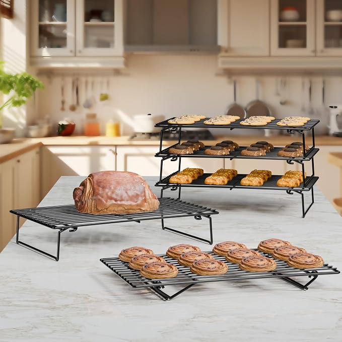 4PCS Cooling Racks for Cooking and Baking, Collapsible 4 Tiers 10"X16" Cool Batches of Cookies, Non-Stick & BPA-Free, Oven and Dishwasher Safe (Black-200)