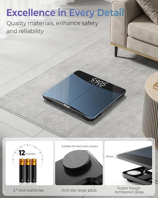 600lb Scale for Body Weight with Weight Trends, High Accurate, Bule | Premium Digital Bathroom Scale for Family, Large Clear Display, 8mm Tempered Glass, 13.1*12.3 Weighing Platform