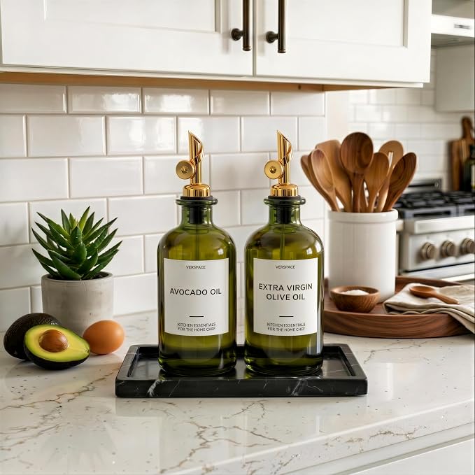 Verspace UV-Protected Green Glass Olive Oil Dispenser Bottles For Kitchen - 2 Pack - 17oz Includes 40 Kitchen Essential Labels, Avocado Oil Dispenser Set, Modern Decor for Home, Airbnb, Cafe