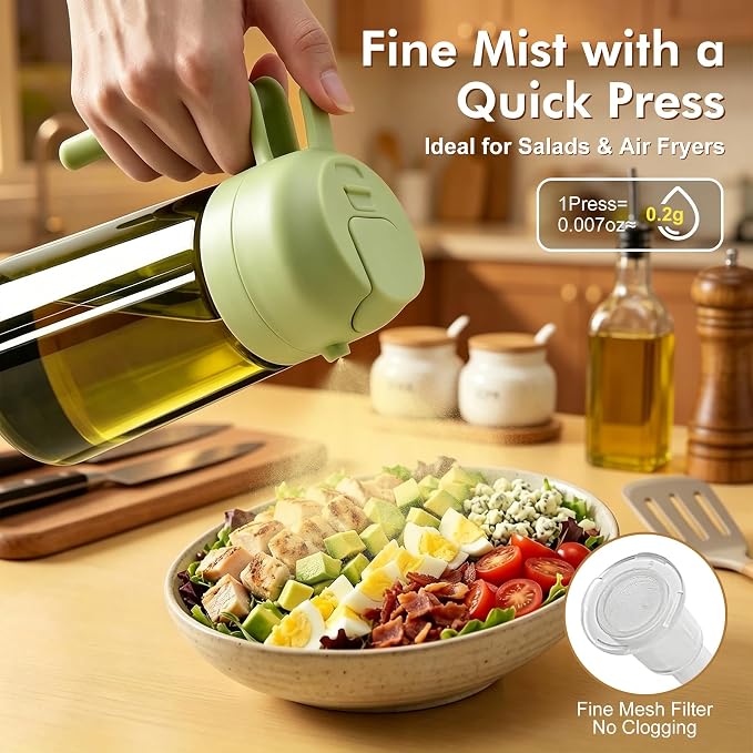 Poshetion 2 in 1 Olive Oil Sprayer for Cooking, 16oz Light-Proof Oil Dispenser for Kitchen, Leak-Proof Oil Spray Bottle for Air Fryer, Salad, BBQ, Baking, Grilling - Green & Green