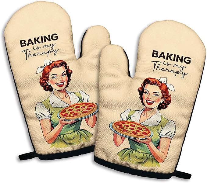 Baking is My Therapy, Funny Silicone Non-Slip Oven Mitts Sets of 2, Retro Baking Mitts, Kitchen Gift for Women, Bake Lover Gift, Housewarming Gifts