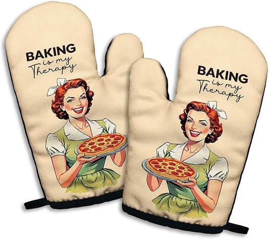 Baking is My Therapy, Funny Silicone Non-Slip Oven Mitts Sets of 2, Retro Baking Mitts, Kitchen Gift for Women, Bake Lover Gift, Housewarming Gifts