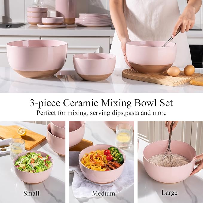AmorArc Ceramic Mixing Bowls,Stoneware Nesting Bowls Set of 3 for Kitchen | Serving Bowls with Rustic Terracotta Underside for Mixing,Cooking,Baking,Salad| Microwave & Dishwasher Safe 4.6/2.8/1.3 Qt