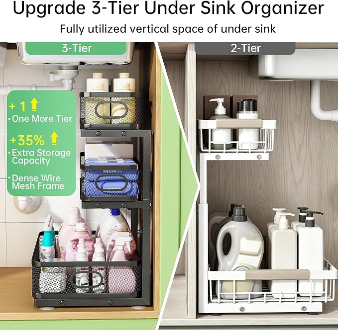2-Pack 3-Tier Under Sink Organizer, Slide Out Cabinet Storage, Kitchen/Bath | 2-Pack Value Set, Height Adjustable, Carbon Steel Holds 60 lbs Each, Fits Kitchen & Bathroom Vanity Simultaneously