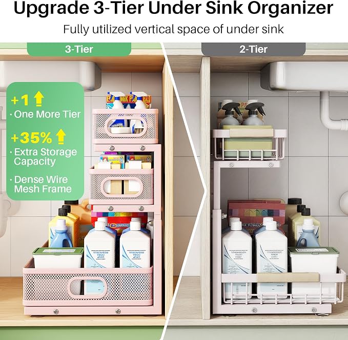 Kitstorack Under Sink Organizer, 2-Pack 3-Tier Height Adjustable Thickened Metal Pull out Cabinet Organizer Shelf, Slide out Storage Drawer Rack for Bathroom Kitchen Pantry Home Organization, Pink