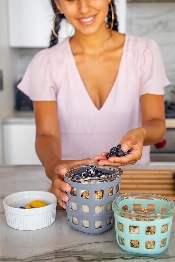 Ello DuraGlass Rounds Glass Food Storage Containers - Meal Prep Bowls with Silicone Sleeve and Airtight Lids, 3 Cup, Gray | 3 cup glass meal prep container with silicone sleeve, leakproof BPA-free lid, microwave, freezer and dishwasher safe