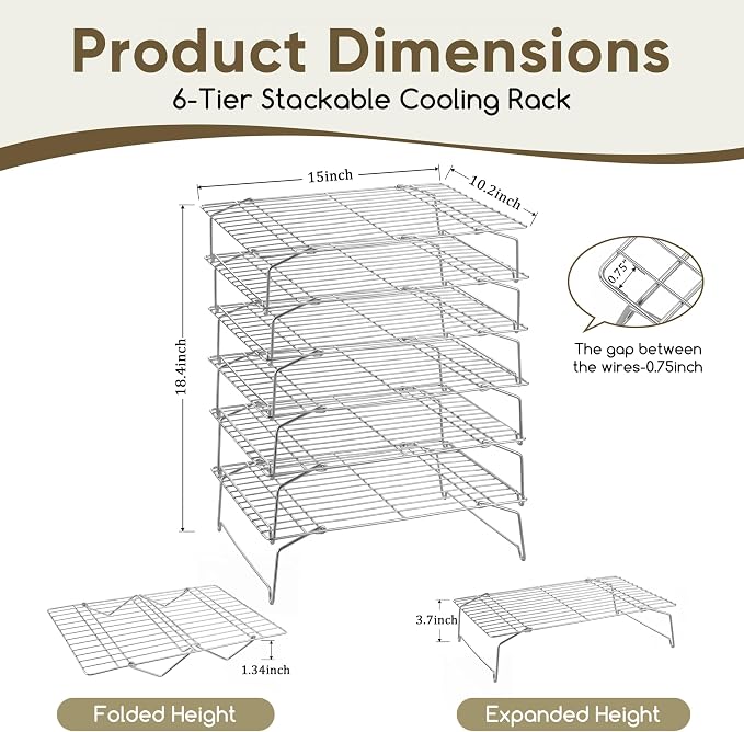 Herogo 15" x 10" Cooling Rack, 6-Tier Stainless Steel Baking Rack for Cookies, Cupcakes, and Pastries, Collapsible Space-Saving Design, Dishwasher Safe, Ideal for Baking, Roasting, and Drying