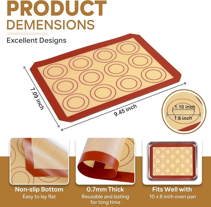 P&P CHEF 9.7 Inch Silicone Baking Mat, 2Pcs Non-stick Silicone Oven Mats | Reusable Baking Supplies for Macaroon Pastry Bread Dough Cookie Pizza, Good for Roasting Kneading, Fit Well with Sheet Pan