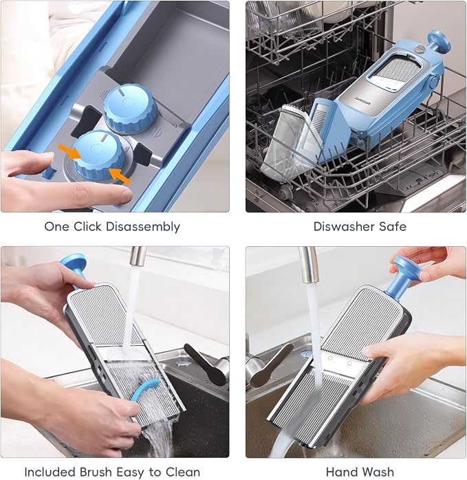 Jonscook 7-in-1 Safe Mandoline Slicer for Kitchen, Vegetable Slicer with Container, Veggie Chopper Cutter, Upgraded Tray & Stainless Steel Grater & Basket & Lid & Cleaning Brush (Blue Pro)