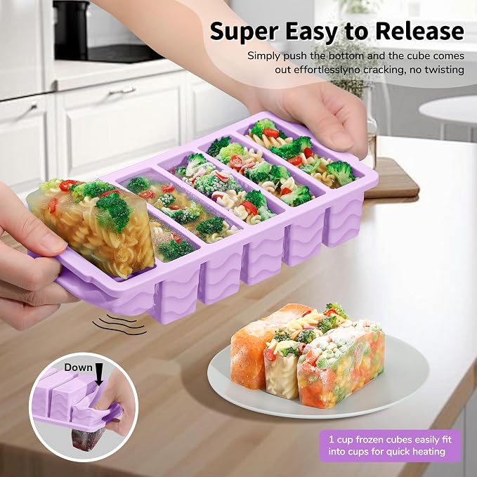 2-Pack Silicone Freezer Trays with Lid, 2 Large 2-Cup(500ml) & 6 Small 1/2-Cup(125ml) Soup Freezer Container Molds, Ice Cube Tray For Meal Prep & Freezing Soup, Stews, Sauces, Oven & Dishwasher-Safe