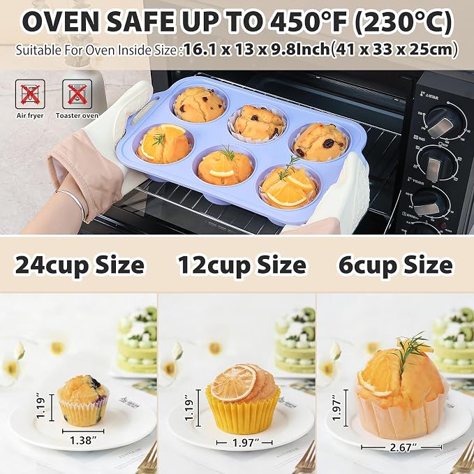 Jumbo Silicone Muffin Pan with Frame, Non Stick Large Cupcake Baking Tin | Silicone Cupcake Pan with Handles 6 Cup, BPA Free Silicon Muffin Tin Tray Extra Large for Baking Egg Bites Mold Vnray Blue
