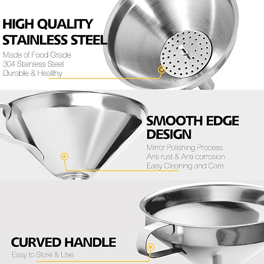 Anaeat Stainless Steel Kitchen Funnel, Multi-Use Premium Metal Food Grade Cooking Funnels with 2 Removable Strainer Filter for Transferring Liquid or Dry ingredients, Oils & 1 Pc Cleaning Brush (5.0")