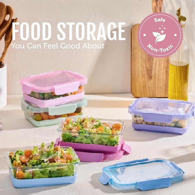 Ello Duraglass Refresh 3.4 Cup Meal Prep Containers, 10 Pc, Melon | Glass meal prep container set with silicone boots, airtight leakproof BPA-free lids, microwave, freezer & dishwasher safe