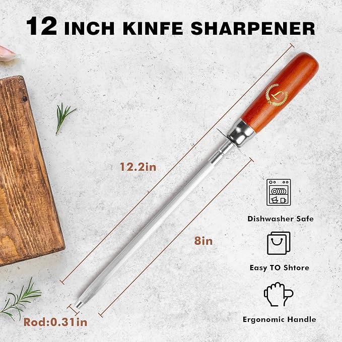 Knife Sharpener Rod, 13 Inch Carbon Steel Honing Steel for Kitchen Knives, Professional Magnetized Sharpening Stick with Nickel-Chrome Plating, Easy Grip Tool for Chef Knives (Laurel L, Wooden Handle)