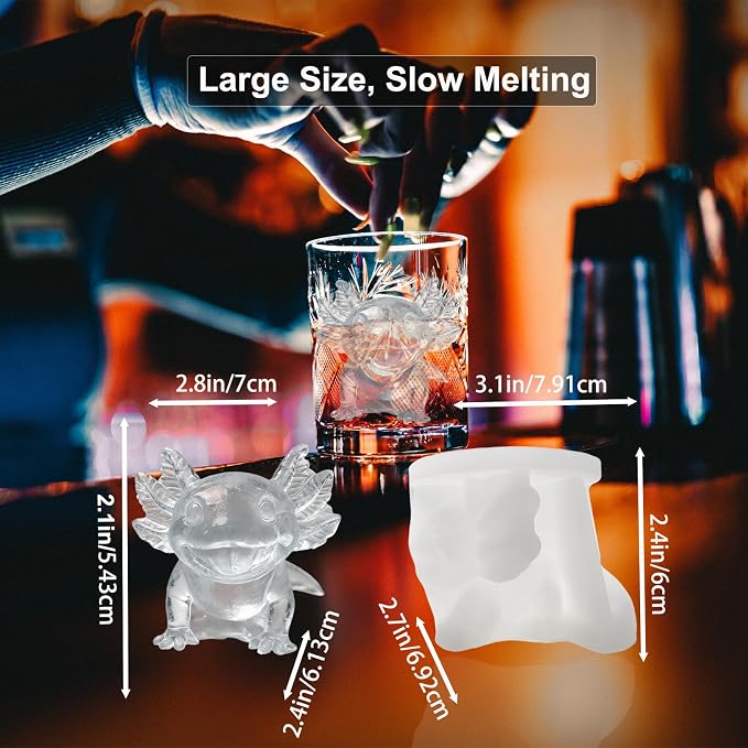 3D Axolotl Ice Cube Silicone Molds Tray for Whiskey, Cocktail, Drink, Bar; Rich Details. Fun Animal Mold for DIY Craft Taba Squishy Chocolate Soap Candle Resin Gift for Women Girls Boys; 2 Pack