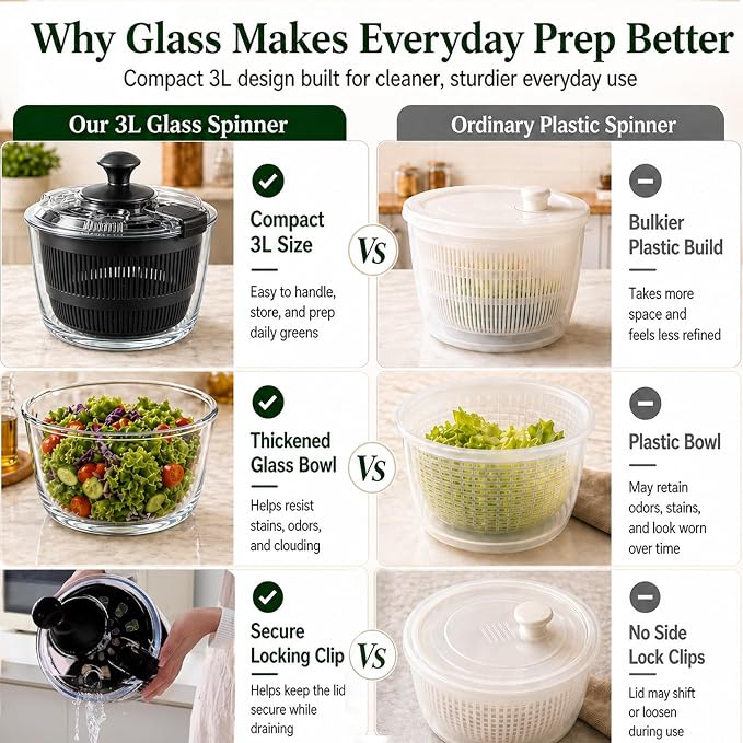 Glass Salad Spinner 3.2 Qt, Small Salad Spinner with Glass Bowl Removable Lid for Easy Cleaning Dishwasher Safe Glass Bowl Vegetable and Fruit Washer Dryer with Drain Spout Crank Handle Black