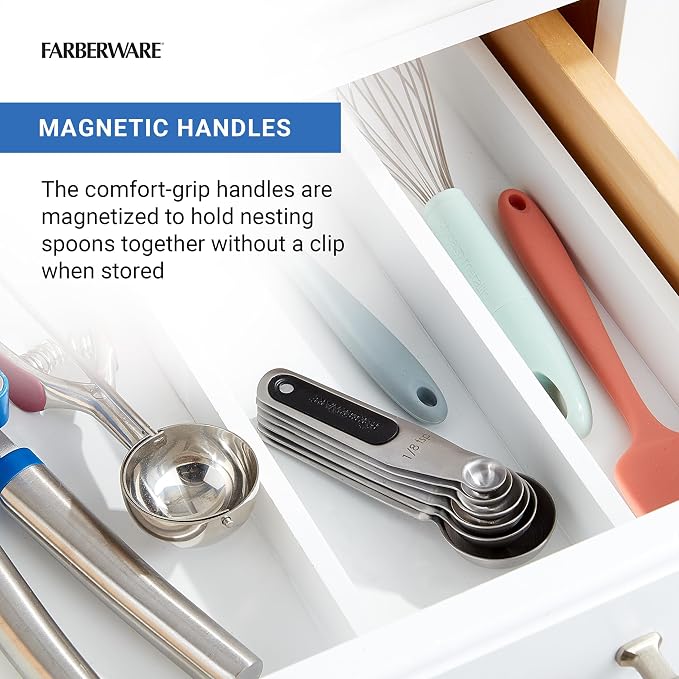 Farberware Professional Stainless SteelMeasuring Spoons Precision and Ease in Every Scoop, Features Magnetic Handles for Easy Storage, Dishwasher Safe