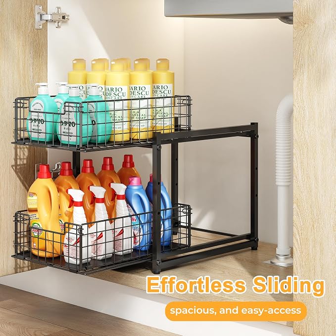 Under Sink Organizer, 2-Tier Pull Out Cabinet Organizer, Kitchen Bathroom Organizer and Storage, Spice Rack for Kitchen, Multi-use Sliding Drawers Shelves (1, Black)