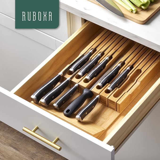 High-Grade 100% Bamboo Knife Drawer Organizer - 12 Slots Plus Sharpener, Secure, Practical, Eco-Friendly Knife Block