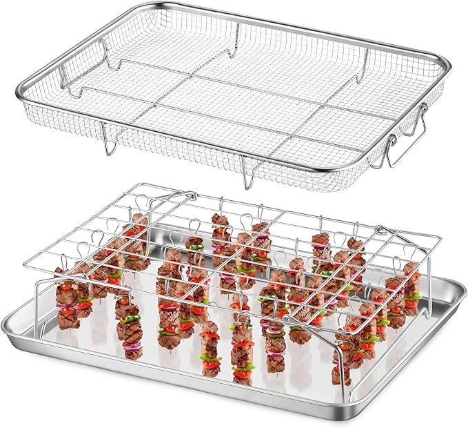 E-far Air Fryer Basket for Oven, Large Stainless Steel Baking Sheet Pan and Crisper Tray with Collapsible Cooling Rack & 38 Skewers for Oven Cooking Air Frying Roasting Grilling, Dishwasher Safe