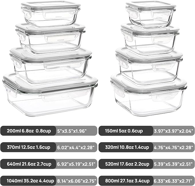 Vtopmart 8 Pack Glass Food Storage Containers with Airtight Lids | Meal Prep Lunch Containers, Leakproof, Leftover Storage, Take-out, Microwave, Oven, Freezer and Dishwasher Safe, BPA Free