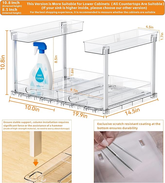 2 Pack 14.6″ Deep Pull Out Under Sink Organizer,10.8″ High 2 Tier Slide Out Cabinet Organizer for Kitchen Cabinet,Undersink Organizers,Under Sink Shelves,Bathroom Organizers and Storage,Clear