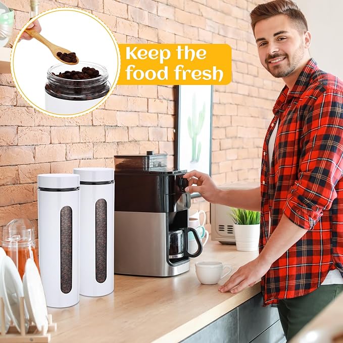 6 Pack Kitchen Canisters Set Airtight Coffee Sugar Tea Storage Jars with Window Glass Stainless Steel Containers with Lids for Flour Cookies Spices Grains Kitchen Decorations(White,60 oz)