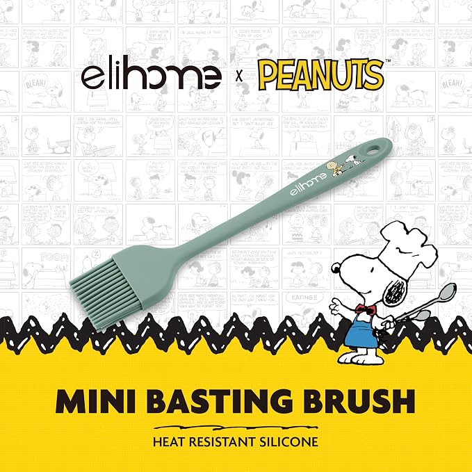Elihome × Peanuts Silicone Basting Brush (8.75”) – Heat Resistant to 600°F, Food-Grade Platinum Silicone, Seamless 1-Piece Design, Non-Stick Safe, Dishwasher Safe, Sage Green