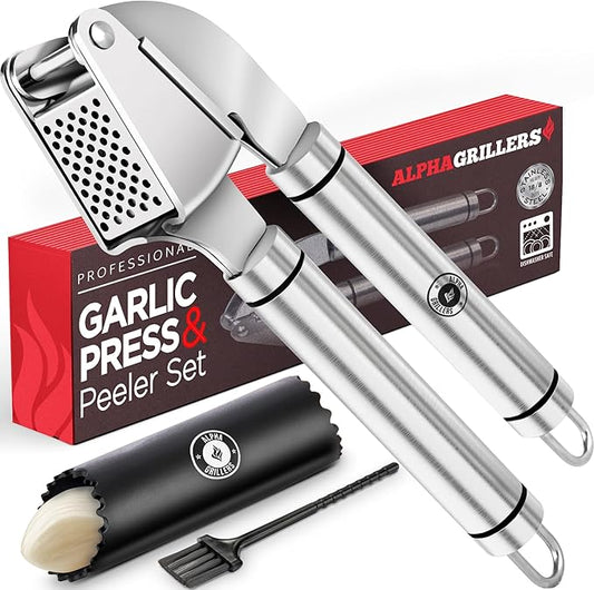 Alpha Grillers Garlic Press Stainless Steel - Easy to Clean, Rust-Proof, Dishwasher Safe - Stainless Steel Garlic Press, Mincer, Crusher with Silicone Peeler & Cleaning Brush