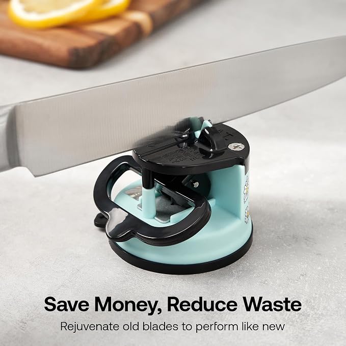 AnySharp – Editions – Hands Free Knife Sharpener - Easy to Use Sharpening Tool with PowerGrip Suction Base and 20-Degree Pre-Set Angle - for All Knives: Chef's, Serrated, and Hardened Steel - Daisy