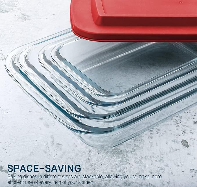 M MCIRCO 8 Piece Deep Glass Baking Dish with Lids, BPA free, Red | Rectangular Glass Bakeware Set, Baking Pans for Lasagna, Casserole Dishes, Microwave, Oven, Freezer, Dishwasher