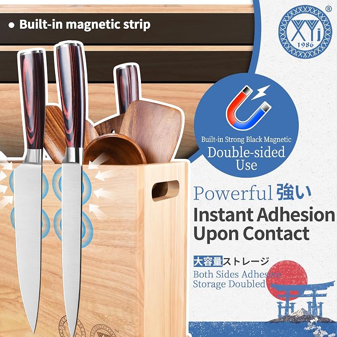 XYJ Utensil Holder with Magnets, 3-Compartment Organizer for Kitchen Tools, Spoons, Spatulas, Magnetic Knife & Metal Accessory Storage, Countertop Caddy, Wood Container without Knives & Cookware Tools