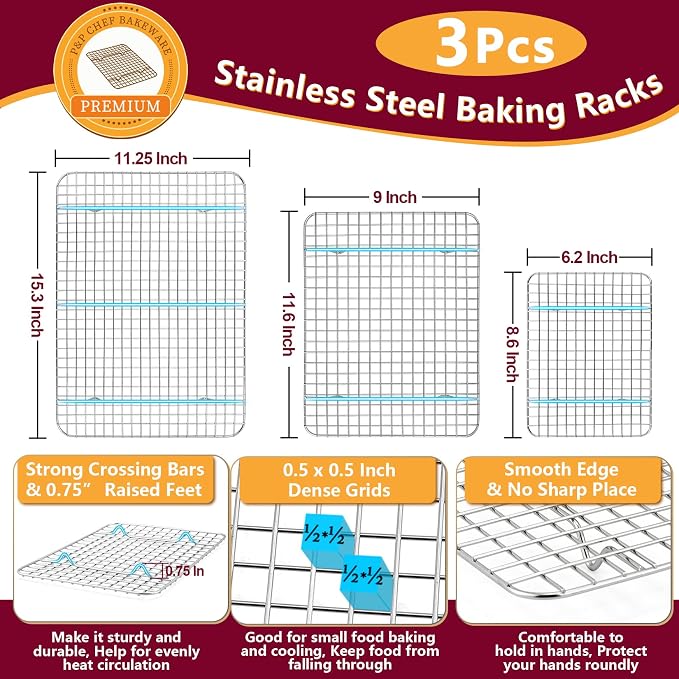 P&P CHEF 16 + 12.5 + 9 Inch Baking Sheet Pan and Cooking Rack - 6 Pieces | 3x Cookie Sheet + 3x Grid Rack, Stainless Steel Oven Tray with Wire Rack for Oven Baking, Healthy & Sturdy & Easy to Clean
