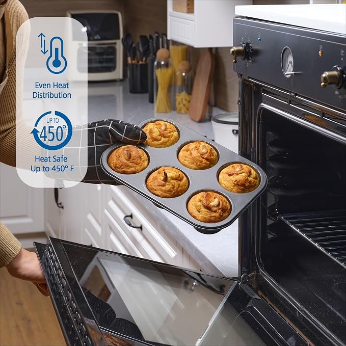6 Cup Jumbo Muffin Pan, Non-Stick Carbon Steel Bakeware, Gray, 12.6x8.58x1.81 Inch, Even Heating, Dishwasher Safe