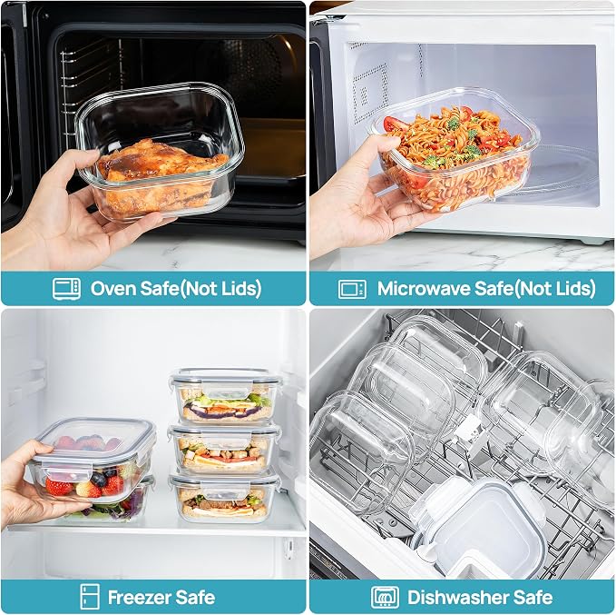 Vtopmart 5Pack 27oz Glass Food Storage Containers with Lids, Grey | Glass Meal Prep Container Sets, Sandwich Containers, Snap Airtight Lid For Microwave, Oven, Freezer and Dishwasher, BPA Free