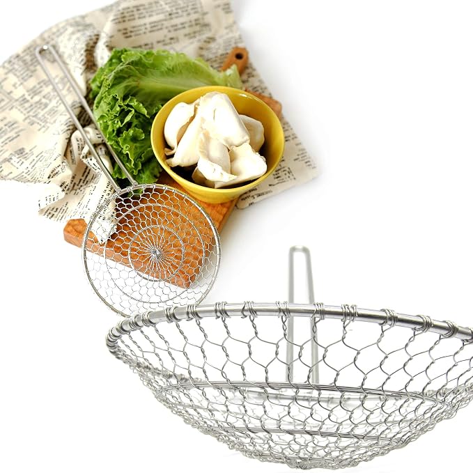 Hicook Stainless Steel Kitchen Spider Strainer Skimmer Ladle Food Dumpling Noodle Strainer for Pasta Spaghetti Noodles and Frying, 7 inches