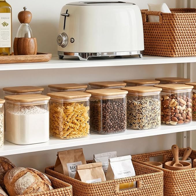 6pcs Glass Food Storage Containers with Bamboo Lids, 0.6qt Glass Jars | Square Airtight Pantry Storage Jars for Flour, Sugar, Dry Goods