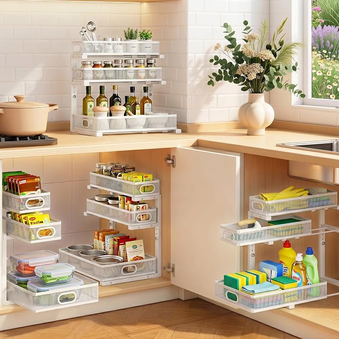 Under Sink Organizer 3 Tier, 2 Pack L-Shaped Pull-Out Cabinet Organizer with Sliding Metal Mesh Drawers, Height Adjustable Under Sink Storage Rack for Kitchen Bathroom Cabinet, White