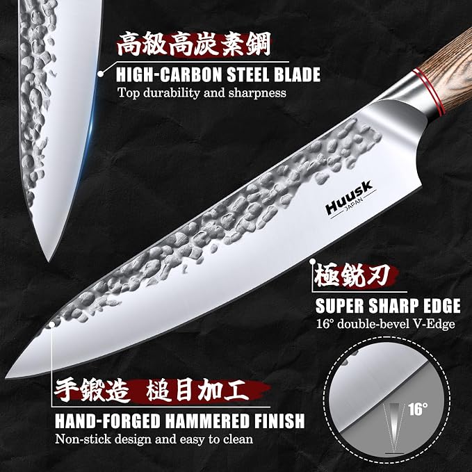 Huusk Japanese Kitchen Knife Set of 2 - Professional Chef Knives Set for Kitchen, Hand Forged Nakiri Vegetable Chopping Knife, Meat Cleaver Knife Set for Meat Cutting, Fathers Day Gift Idea for Dad