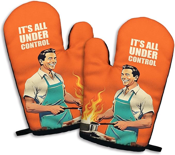 It's All Under Control, Funny Silicone Non-Slip Oven Mitts Sets of 2, Retro Cooking Baking Mitts, Kitchen Gift for Men, Housewarming Gifts, Cooking Baking BBQ Gifts