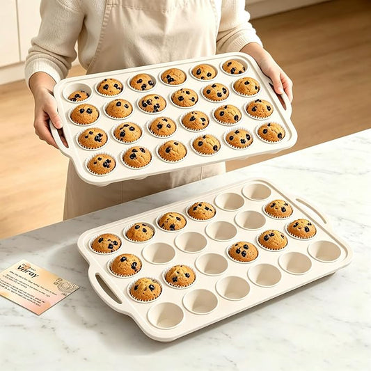 Beige Mini Silicone Muffin Molds: 2 Pack 24 Small Cupcake Mold for Baking | Silicone Mini Muffin Tray for Various Recipes - Molds with Metal Frame for Oven - for Baking Lovers Vnray