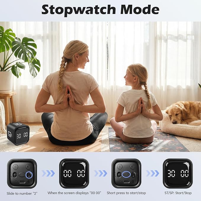 Pomodoro Timer Cube, Productivity Visual Timer Flip, 5/10/30/60 Min Preset Custom Countdown, ADHD Tool Rotating Countdown Stopwatch, Vibrate/High/Low Volume, for Study, Work, Game, Kitchen-Black