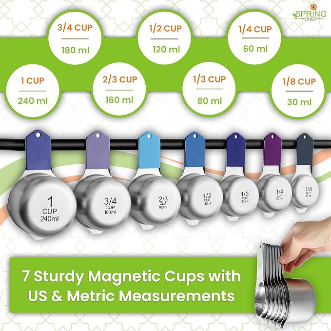 Spring Chef Magnetic Measuring Cups & Spoons Set of 16, Winter Frost | Patented Nesting Stainless Steel Measuring Cups & Heavy Duty Metal Measuring Spoons w/ Levelers for Dry & Liquid Ingredients