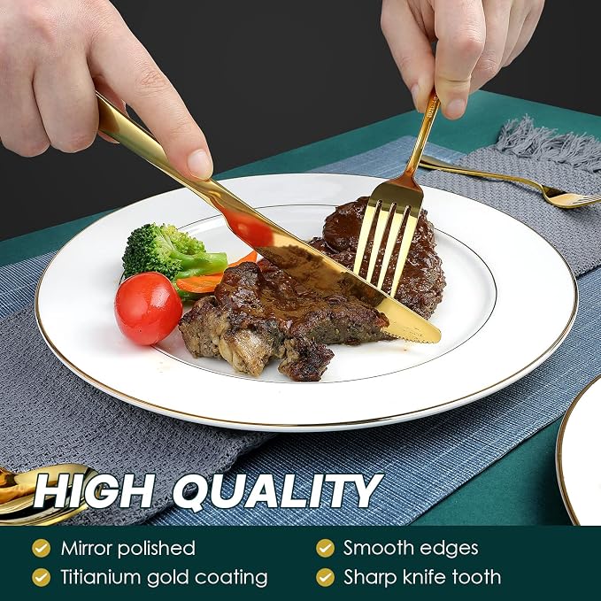 Gold Silverware Set for 8, OGORI 45-Piece Stainless Steel Flatware Set with Serving Set, Mirror Polished Cutlery Set with Serving Utensils Spoon for Kitchen Party Supply