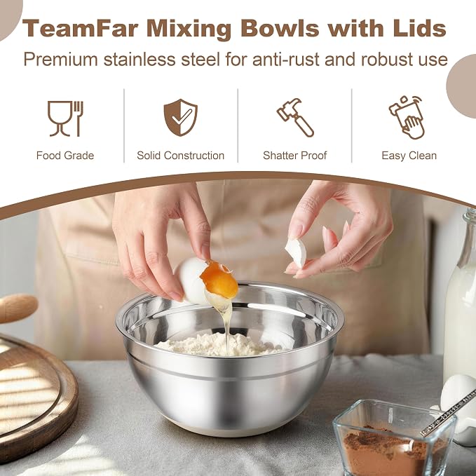 TeamFar Khaki Mixing Bowls, 6-Piece Stainless Steel Nesting Salad Bowls with Lid Set for Prepping Baking, Non-Toxic & Stackable, Air-Tight Lid & Non Slip Bottom, 4.6/2.6/2/1.5/1 / 0.7 QT