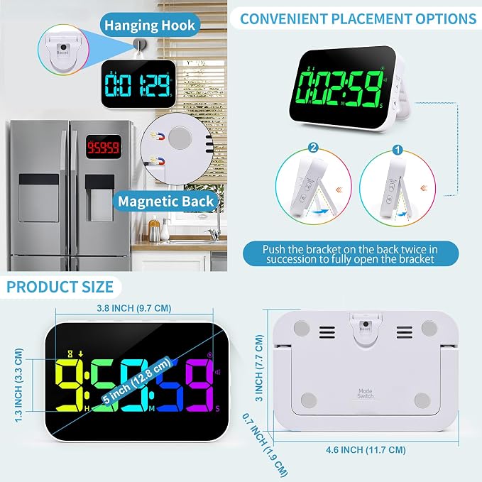 TXL Digital Timer for Classroom, Pomodoro & Kitchen, Rechargeable Magnetic Countdown Timer with Large LED Display, Loud Alarm, 3 Volume Levels, Vibration Mode & 3 Brightness Settings