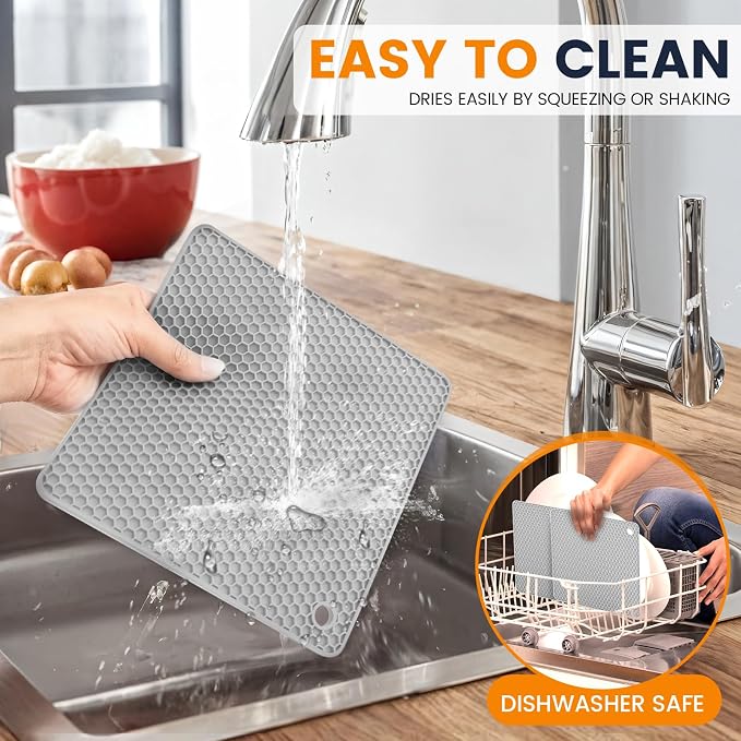 Silicone Trivet Mats 4 Heat Resistant Pot Holders Multipurpose Non-Slip Hot Pads for Kitchen Potholders, Drying mat, Jar Opener, Spoon Holder, Coaster.(Light Grey)