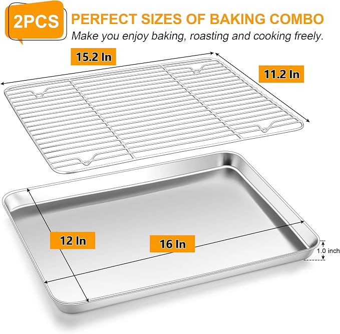 Homikit 16x12 Inch Baking Sheet with Wire Cooling Rack (1 Pan+1 Rack) | Stainless Steel Cookie Sheets for Baking, Metal Jelly Roll Pan Nonstick, Bacon Tray with Rack Set for Oven, Dishwasher Safe